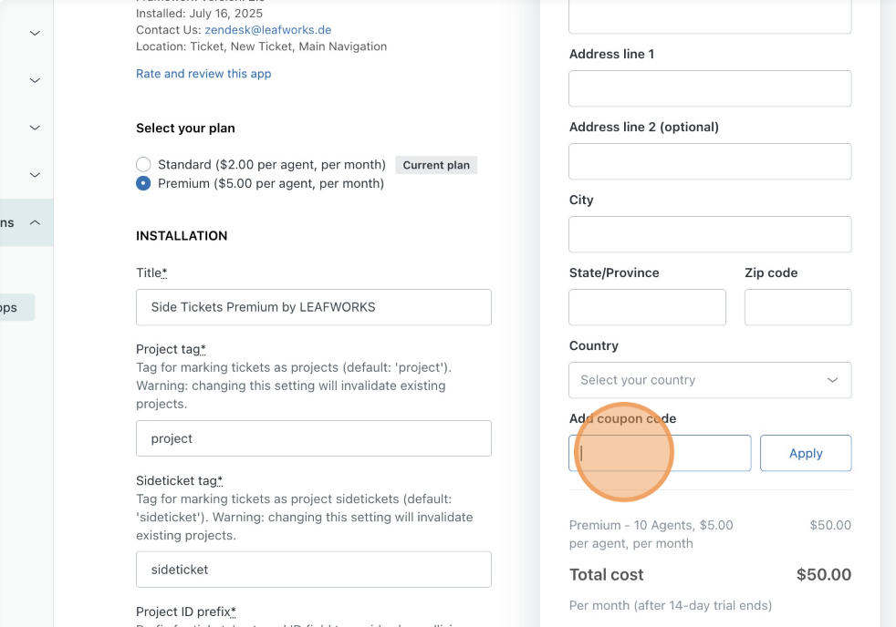 Zendesk app settings—Premium plan selected and Coupon code field highlighted