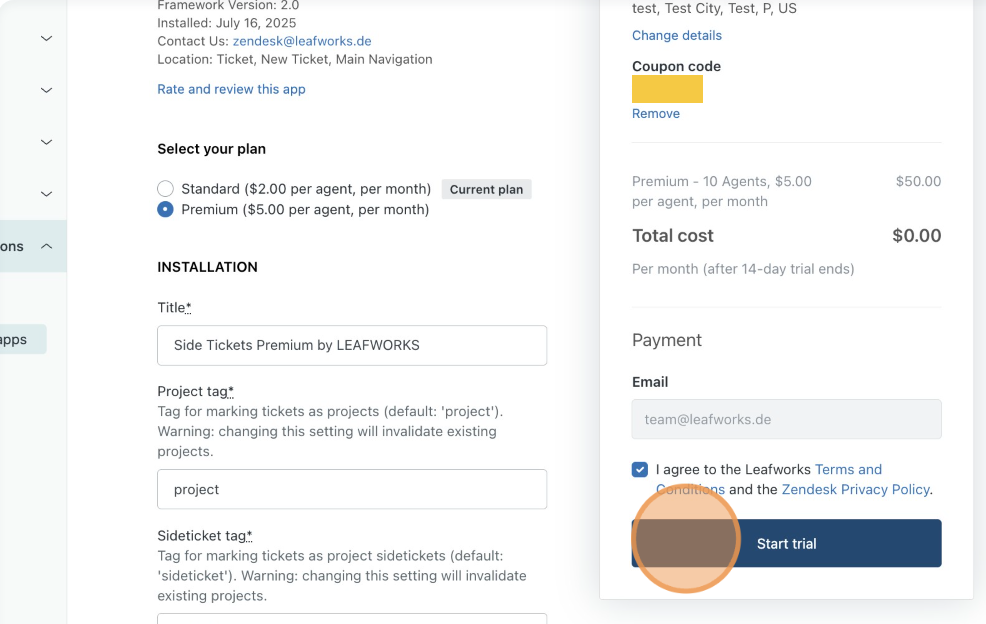 Coupon applied to Premium plan; total shows $0.00 with Start trial button highlighted