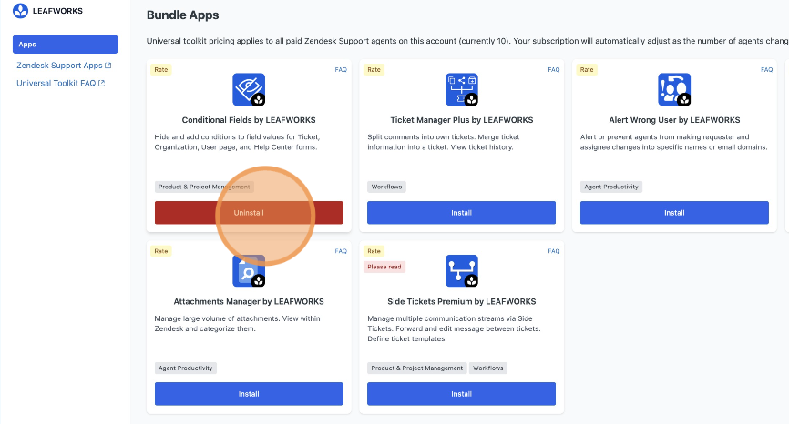 Zendesk Bundle Apps page with the Uninstall button highlighted to remove a bundle app