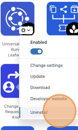 App options menu in Zendesk with Uninstall selected to remove the Universal Toolkit