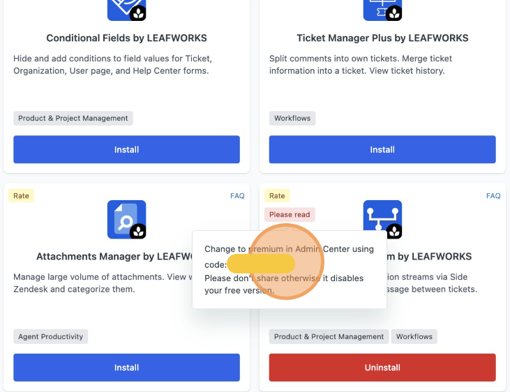 Popover showing activation code to switch Side Tickets to the Premium plan