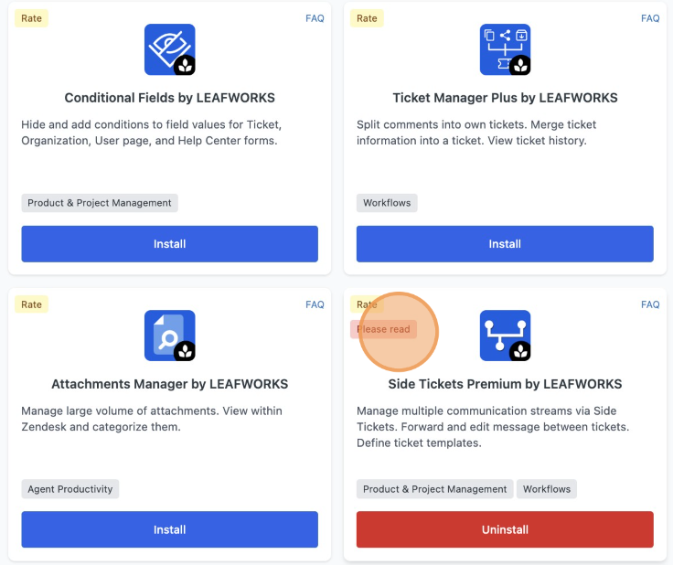 Side Tickets Premium tile with Please read badge and Uninstall button highlighted