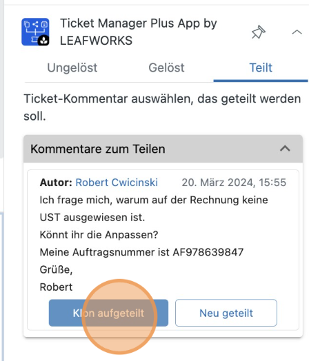 Ticket aufgeteilt mit Ticket Manager
