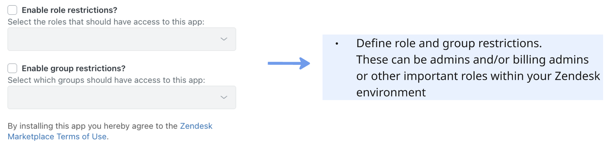 Role and group restriction settings to limit app access to specific roles or groups