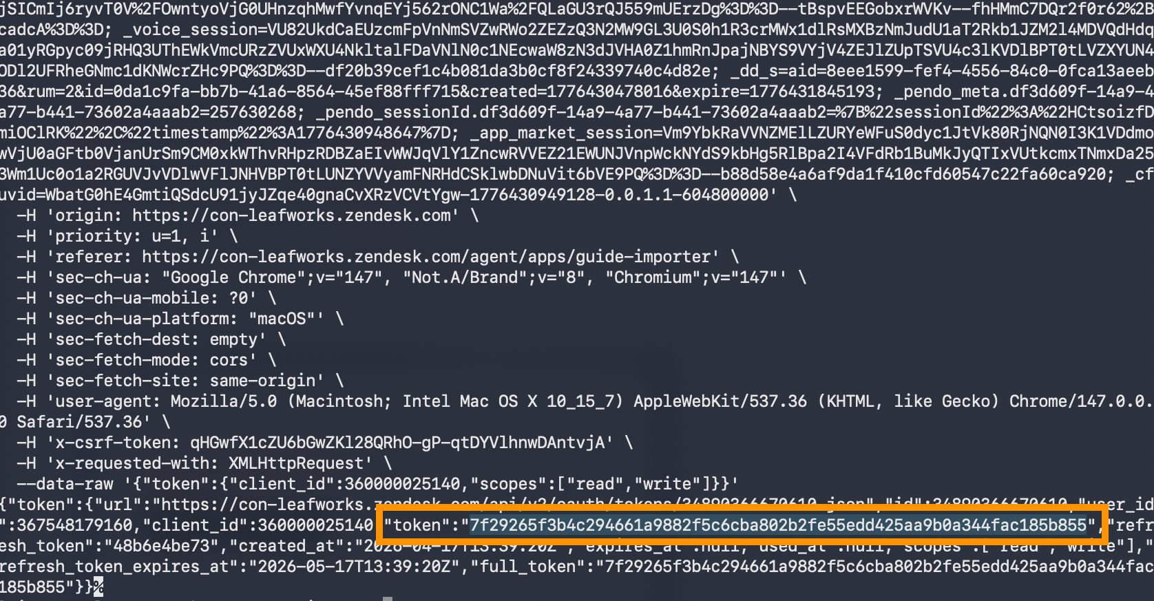 Terminal response showing the generated token value highlighted.