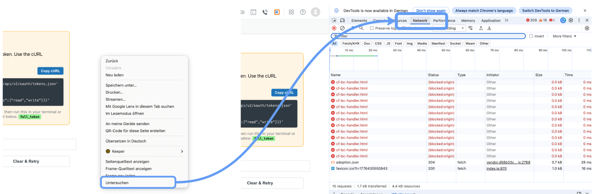 Browser context menu with the Inspect option highlighted, pointing to the Chrome DevTools Network tab.