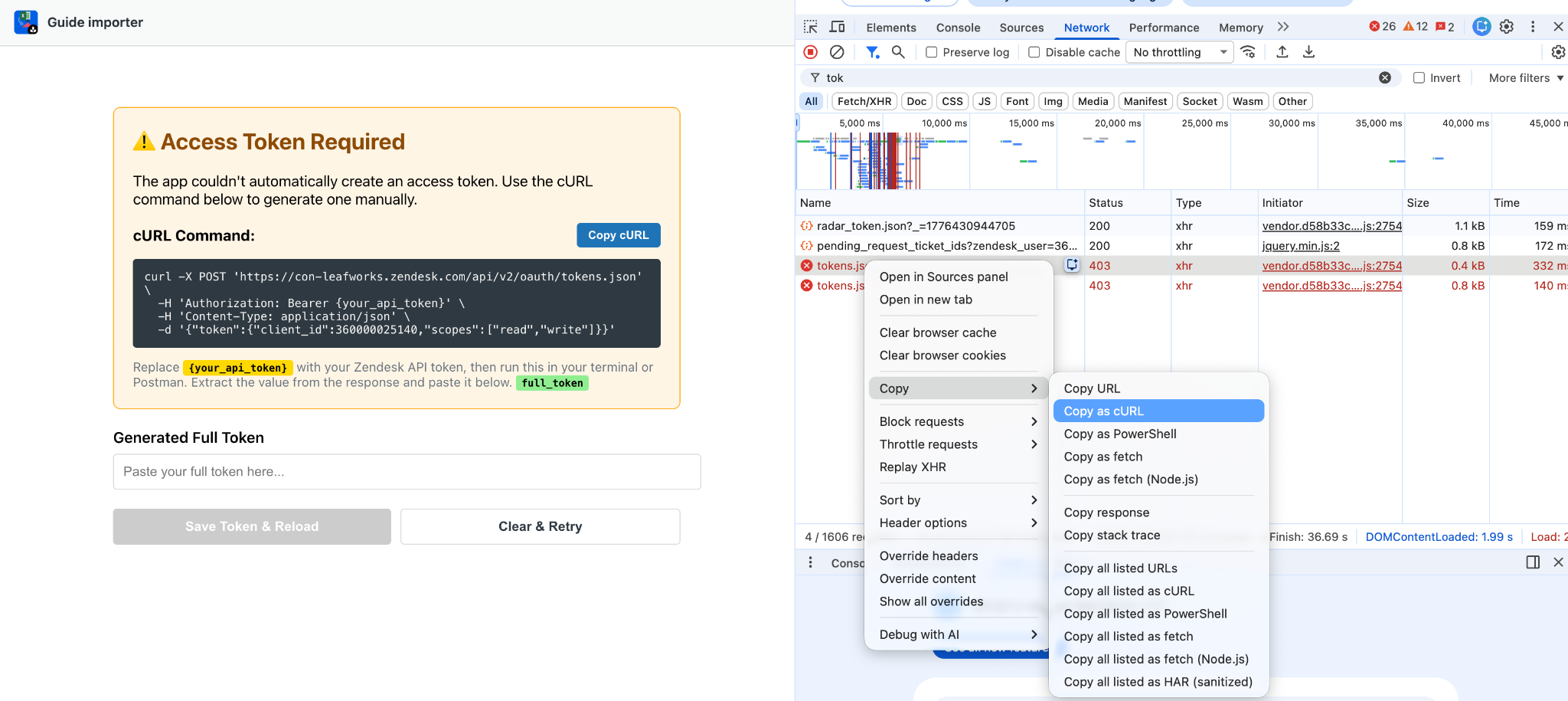 Chrome DevTools Network tab showing a token.json request and the “Copy as cURL” option.