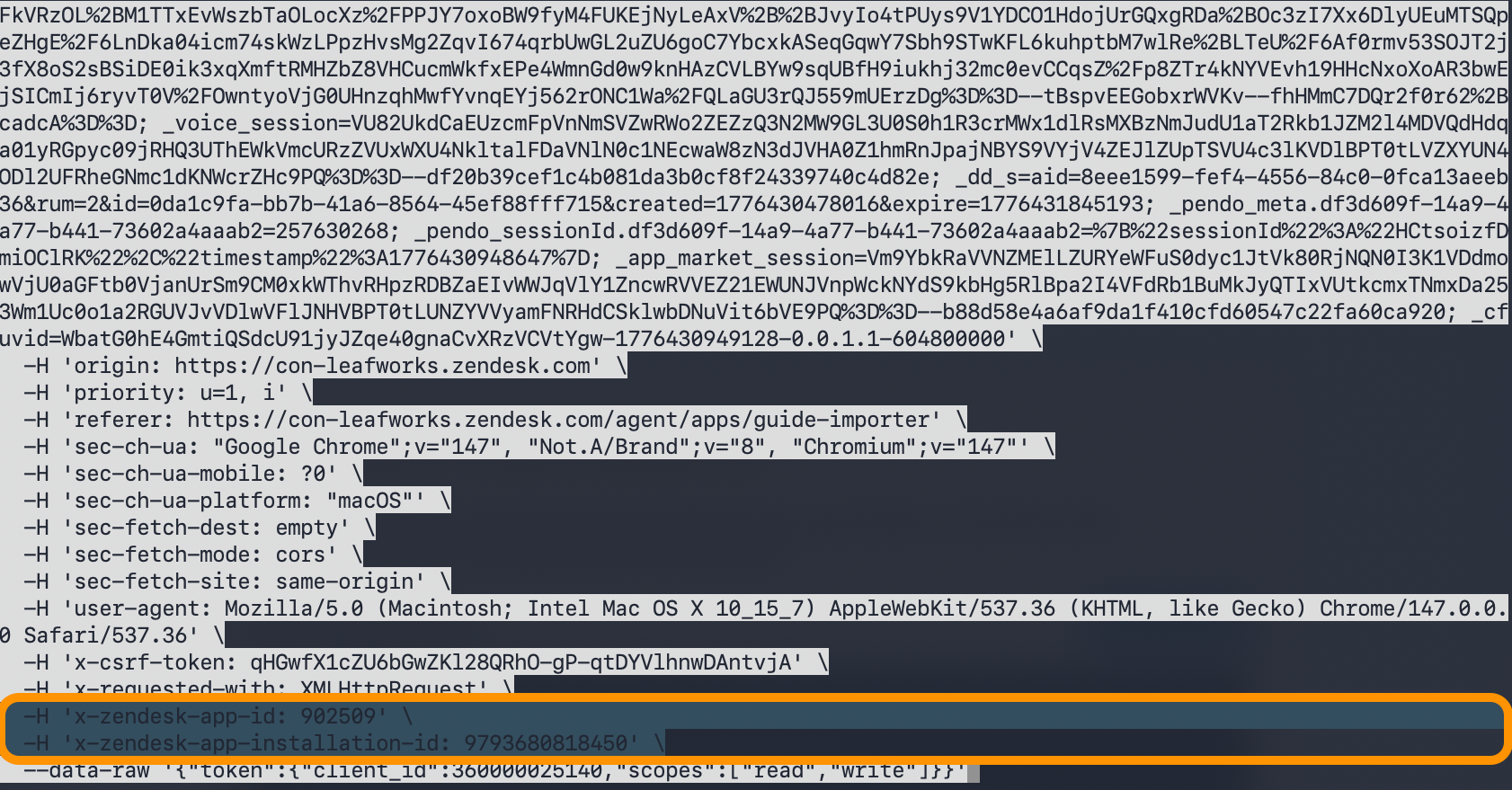 cURL command with Zendesk app ID and installation ID headers highlighted for removal.